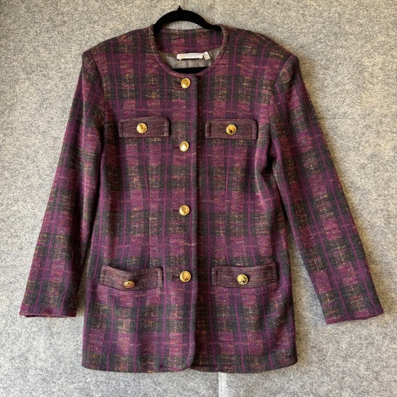 Giovannozzi Purple Plaid Gold Buttons Wool Blazer Made in Italy Size 12 - Picture 2 of 14